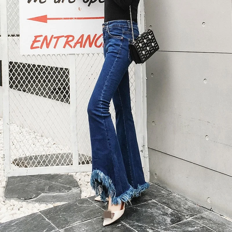 Tassel Personality Flare Jeans Women Autumn Winter Slim Vintage Bell-Bottomed Pants Casual Blue Zipper Office Denim Trousers