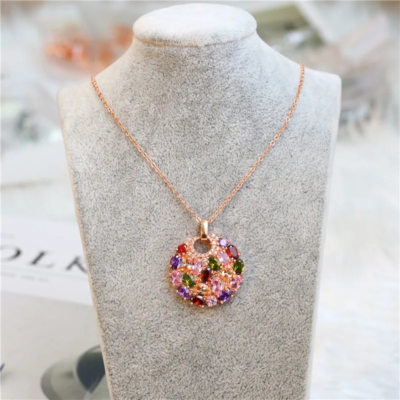 Women\'s Classic Shiny Colorful Zircon Pendant Necklaces Multicolor Flower Rose Gold Charming Necklace Pendants Jewelry Best Gift