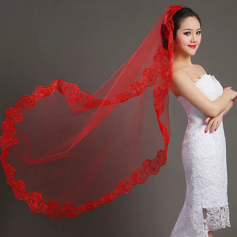 Red Vintage Tulle Bride Long Bridal Veil Lace Wedding Veils