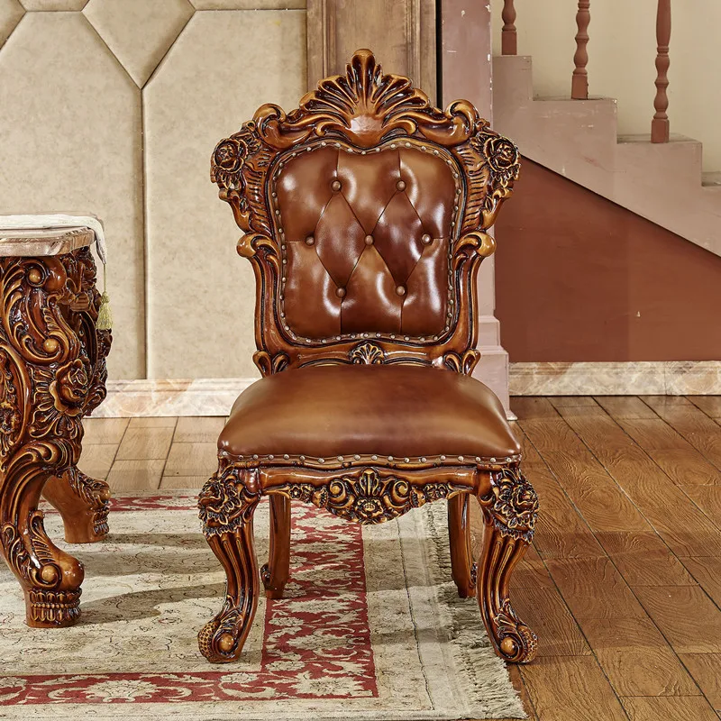 European Leather Dining Chair Solid Wood Antique Dark Dining Chair Double-sided Carved Villa Hotel Large Apartment Master Chair