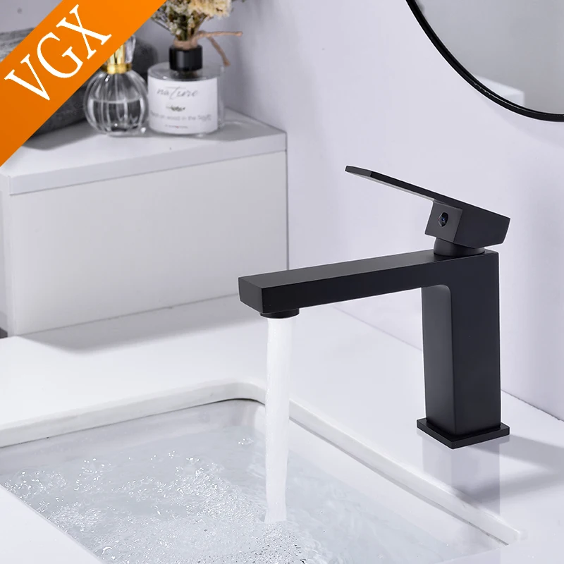 VGX Bathroom Basin Mixer Sink Faucet Gourmet Washbasin Taps Hot Cold Water Faucet Square Tapware For Bathroom Brass Chrome Black