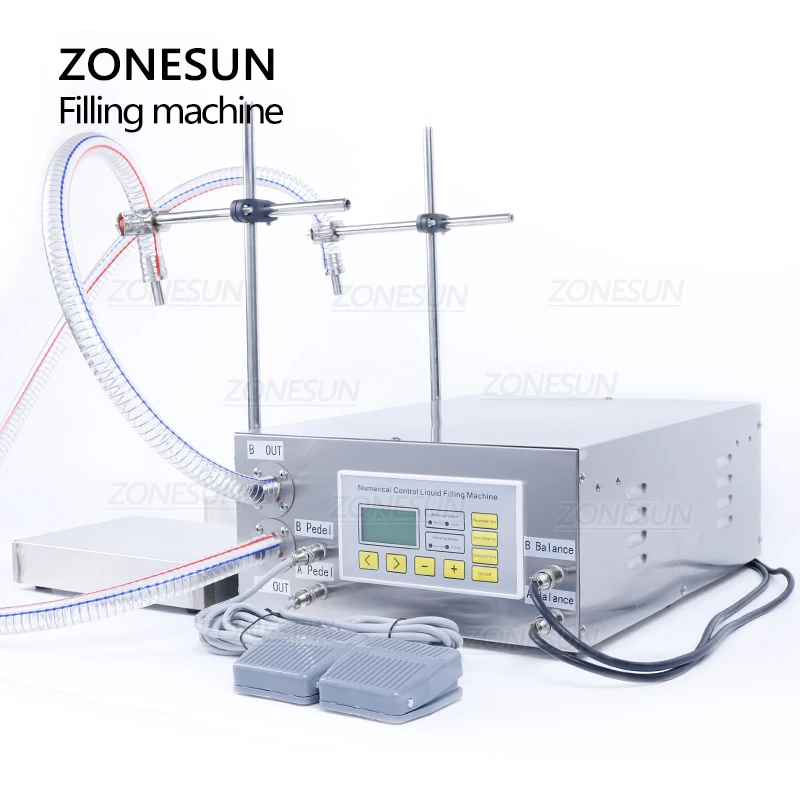 ZONESUN ZS-DP622W Semi Automatic Weighing Filling Machine Hand Sanitizer Perfume Shampoo  Double Nozzles Water Bottle Filler