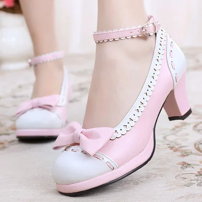 Japanese princess girl Lolita bow cute jk student round head high-heeled and sweet shoes  Vintage Sweet Lolita Shoes cos loli