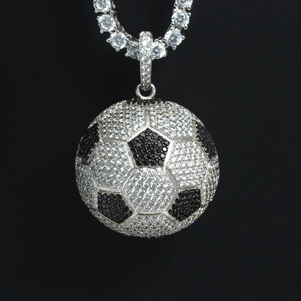 Hiphop Bling Football Soccer Ball Micro Pave Iced Stone Silver Gold Plating 925 Sterling Silver Necklace Pendant