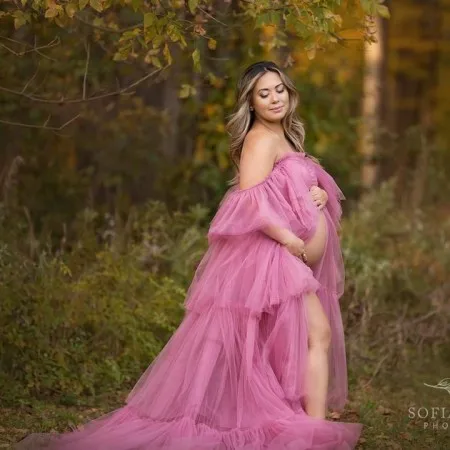 Sexy Strapless Tulle Pregnancy Robes With Train Tiered Ruffles Floor Hi Low Bridal Tulle Maternity Photography Dress