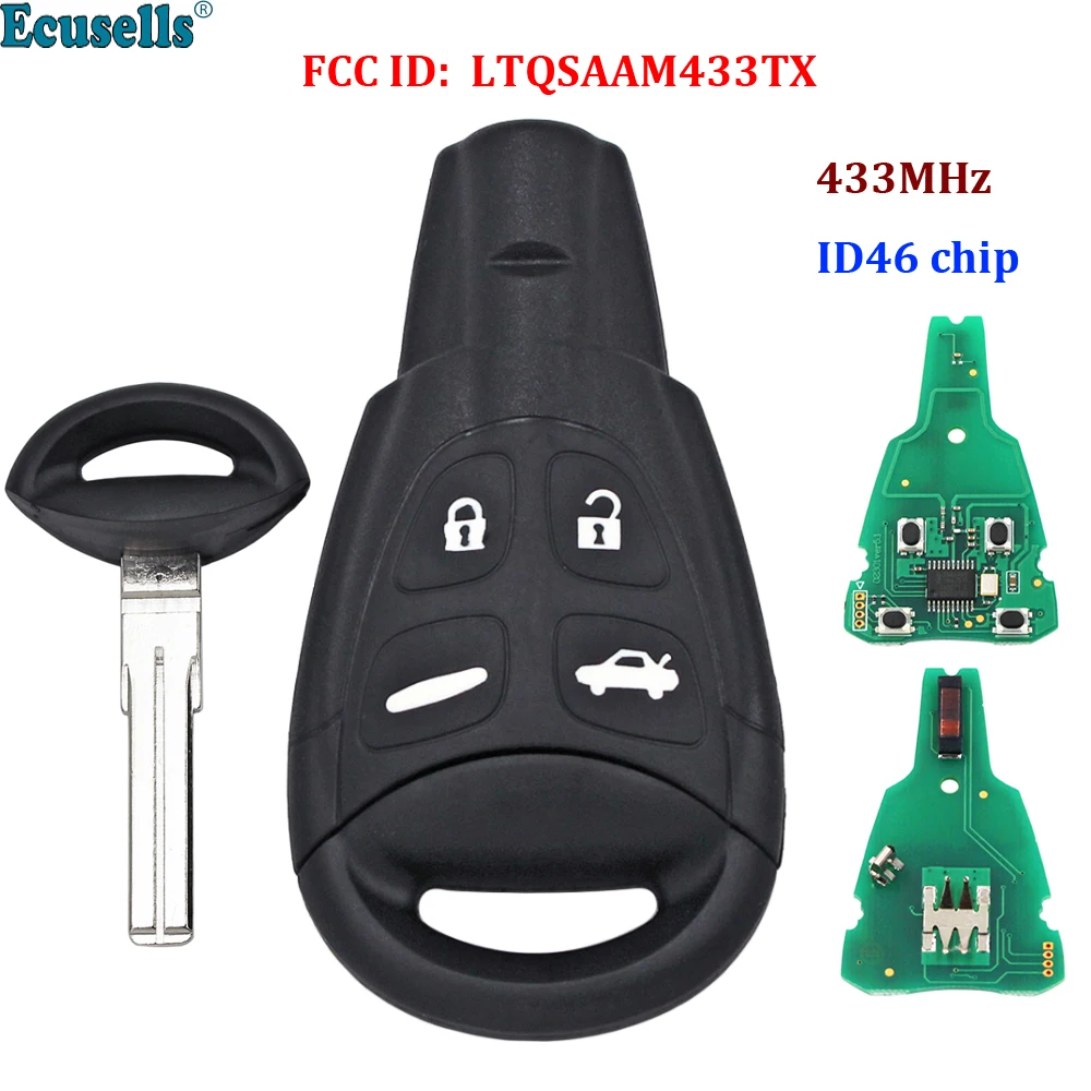 

4 buttons Remote Key Fob Control Keyless Entry 433MHZ with ID46 PCF7946AT chip For Saab 93 95 9-3 LTQSAAM433TX with insert key