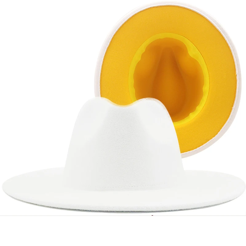 

Simple Outer white Inner yellow Wool Felt Jazz Fedora Hats with Thin Belt Buckle Men Women Wide Brim Panama Trilby Cap 56-58CM