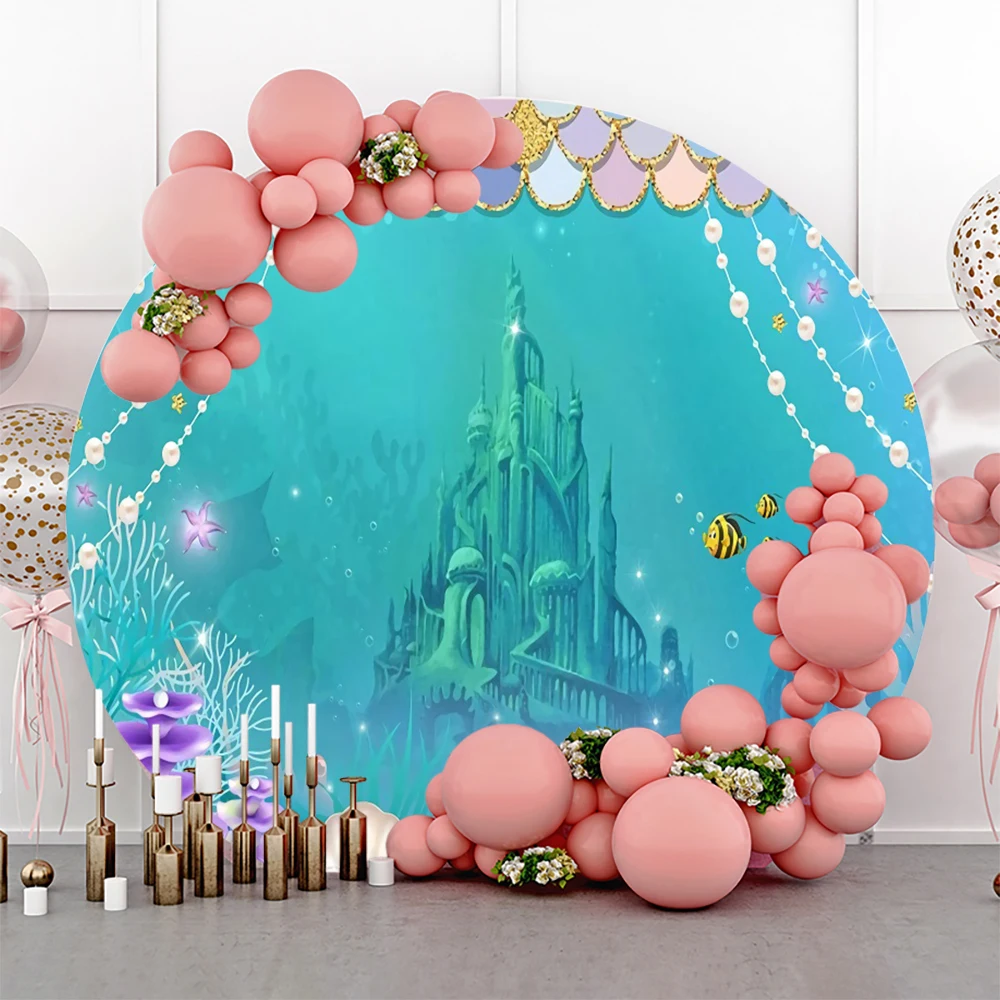 Laeacco Mermaid Round Background For Photography Castle Fish Pearl Shell Coral Birthday Party Banner Circle Backdrop Photostudio