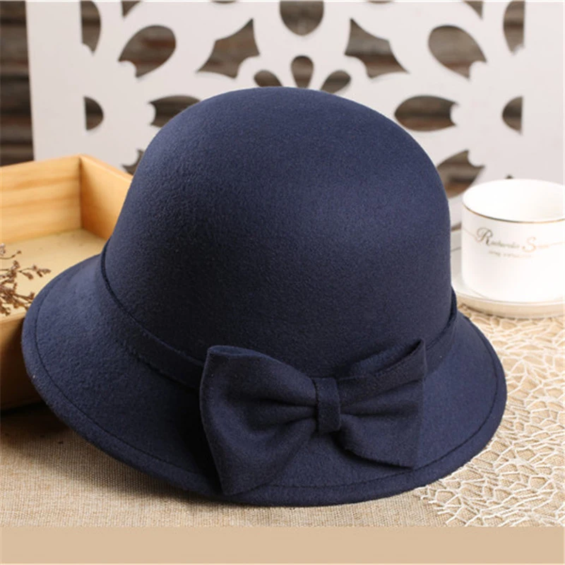 New Temperament Wool For Women Girls Wool French Elegant Fedora Hats Women Autumn Winter Vintage Hat With Wide Brim PH29