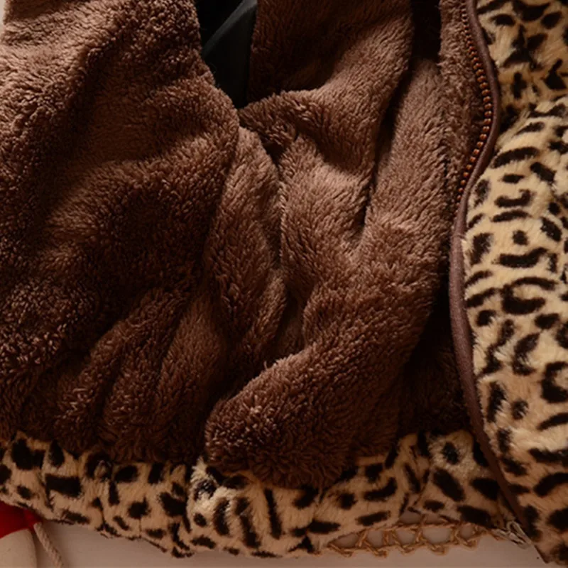 Winter full sleeve Leopard faux fox fur collar Children Girls coat Jacket Baby Girl Outerwear Hooded Infant Clothing Thick Warm