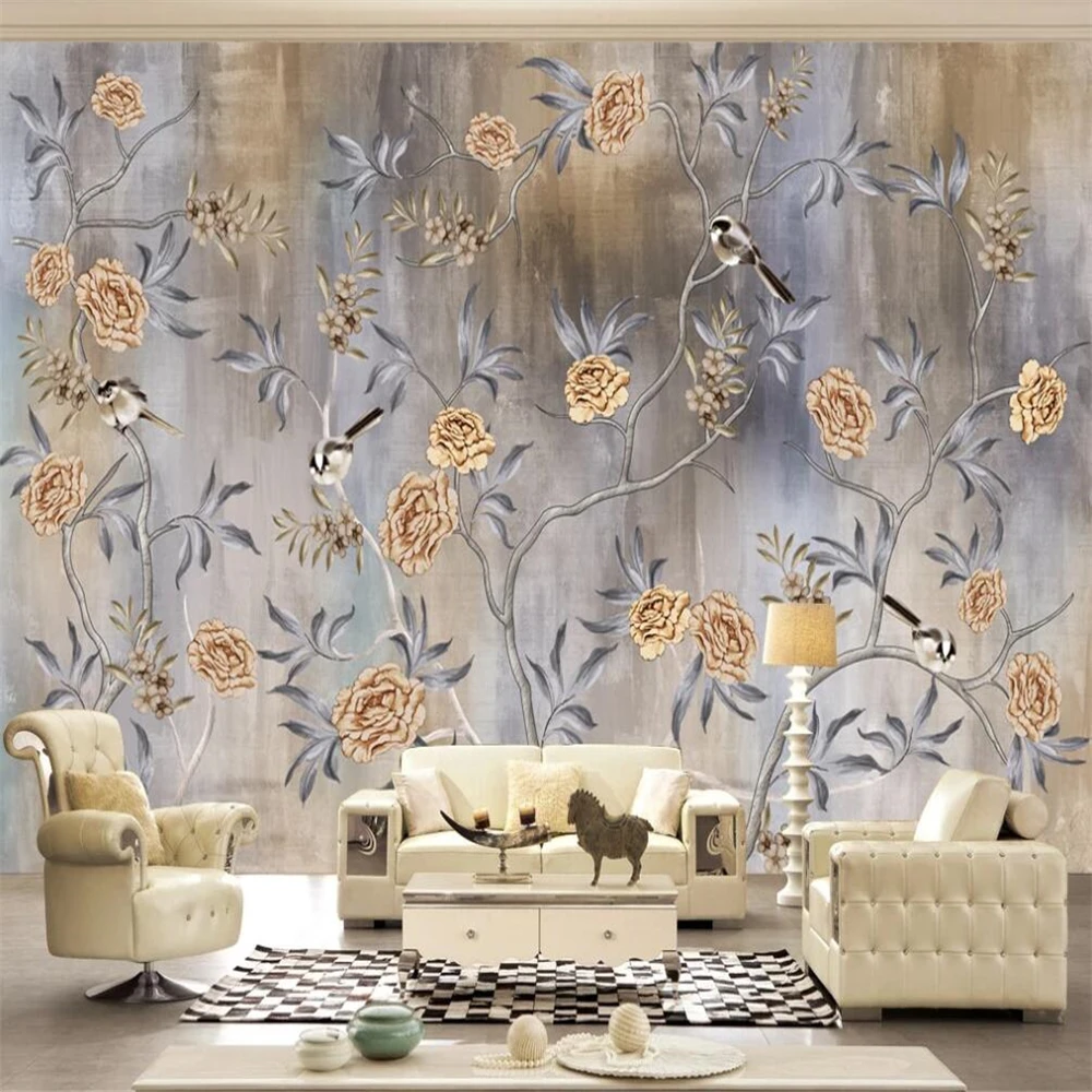 

Milofi custom large wallpaper mural European and American pastel flowers and birds retro background wall decoration painting