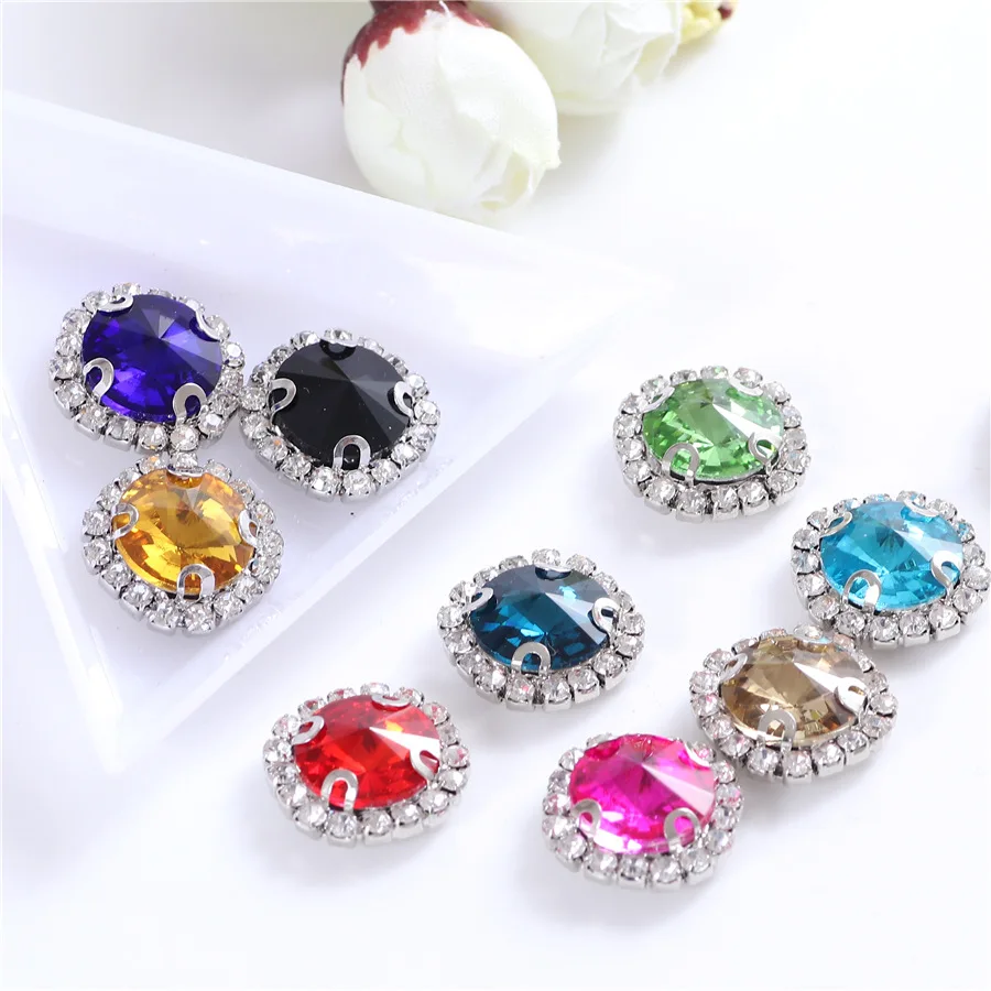 New 10pcs Colorful Round Glass Sew on Rhinestones With Silver Lace Claw Flatback Crystal Sewing Decorations for Clothes