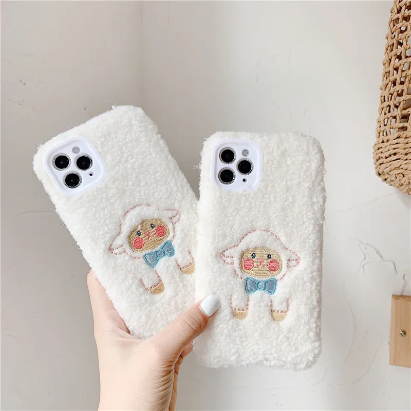 Plush Warm Case for iphone 14 13 12 Pro Max Case Furry Fluffy Embroidery cute sheep cover for iphone 6 7 8 Plus X XSMAX XR coque