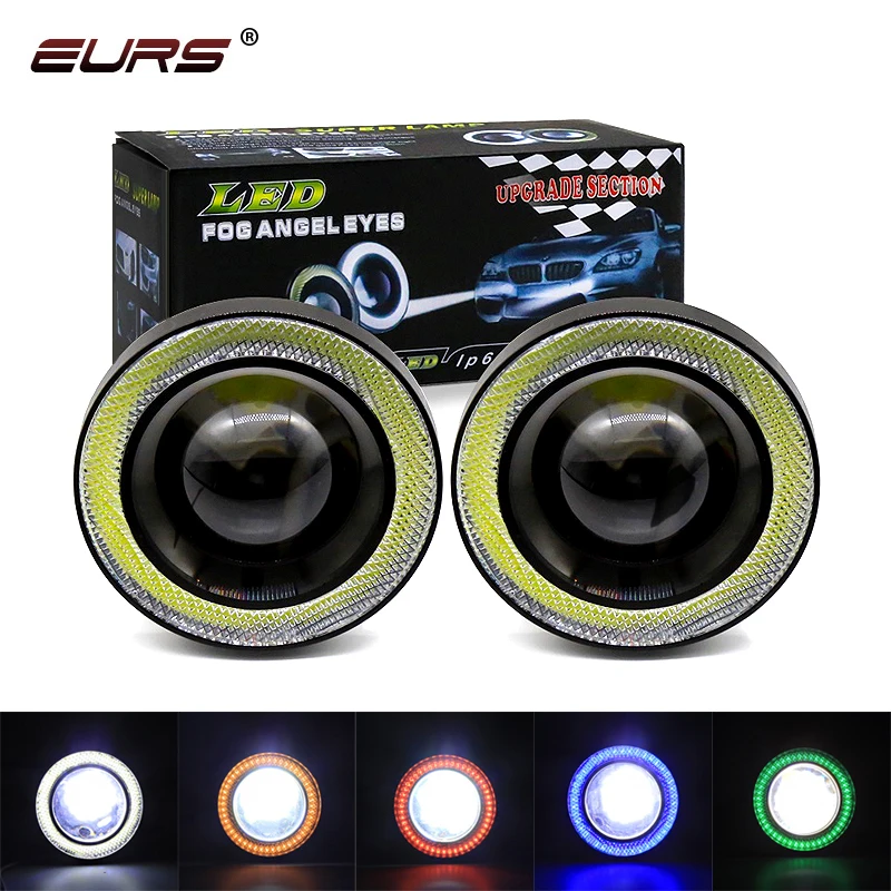 

EURS 2PCS Projector Halo Rings Angel Eyes 3200LM LED Fog Lights Lens Fog Lamp Car Styling 64mm 76mm 89mm Color Auto accessories