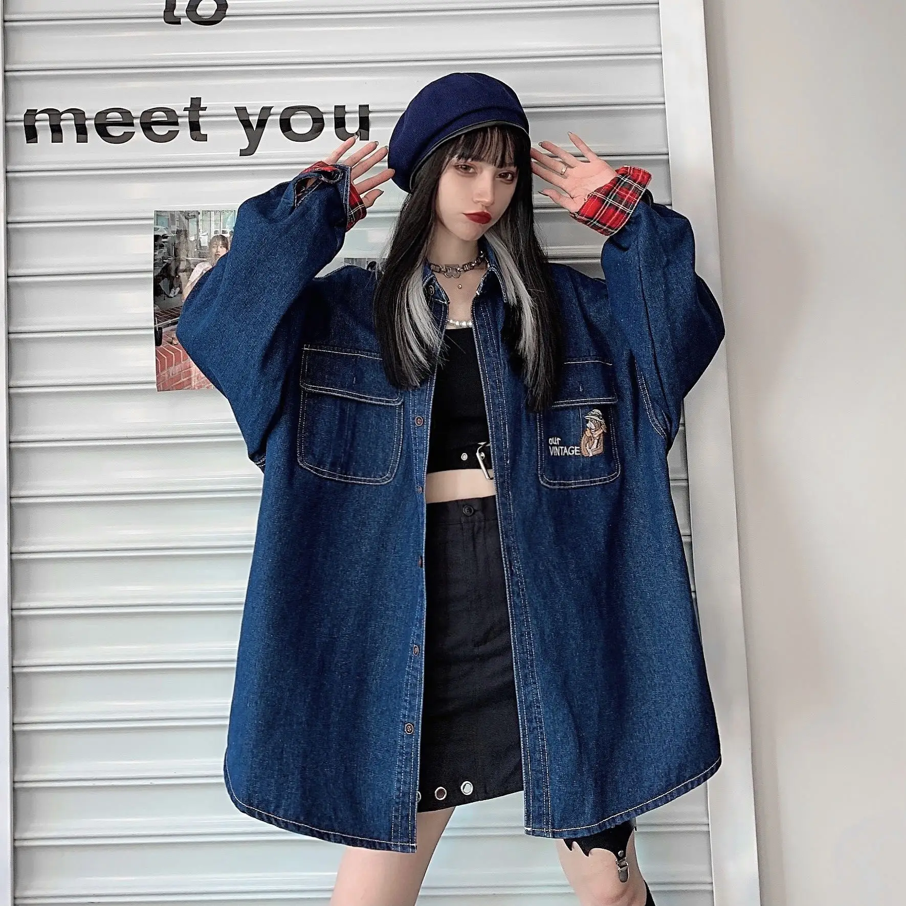 

2021 Spring Women jacket Loose Korean Fashion style Denim Cartoon Embroidery Plaid patchwork jeans jacket women female jacket