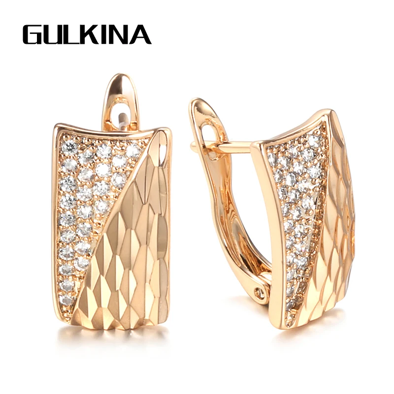 

Gulkina Hot Square Pattered Earrings For Women 585 Rose Gold Natural Zircon Stud Earrings Ethnic Bride Wedding Jewelry 2021 New