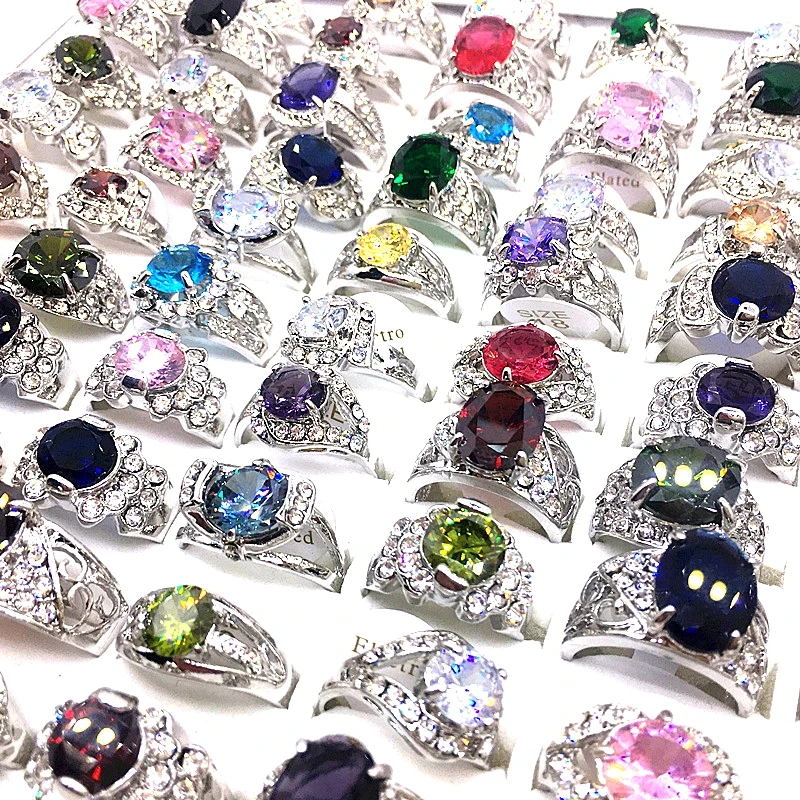 MixMax 50PCs Women\'s Rings Shining Zircon Stone Rhinestone Fashion Jewelry Wholesale Lot Party Gifts Mix Styles