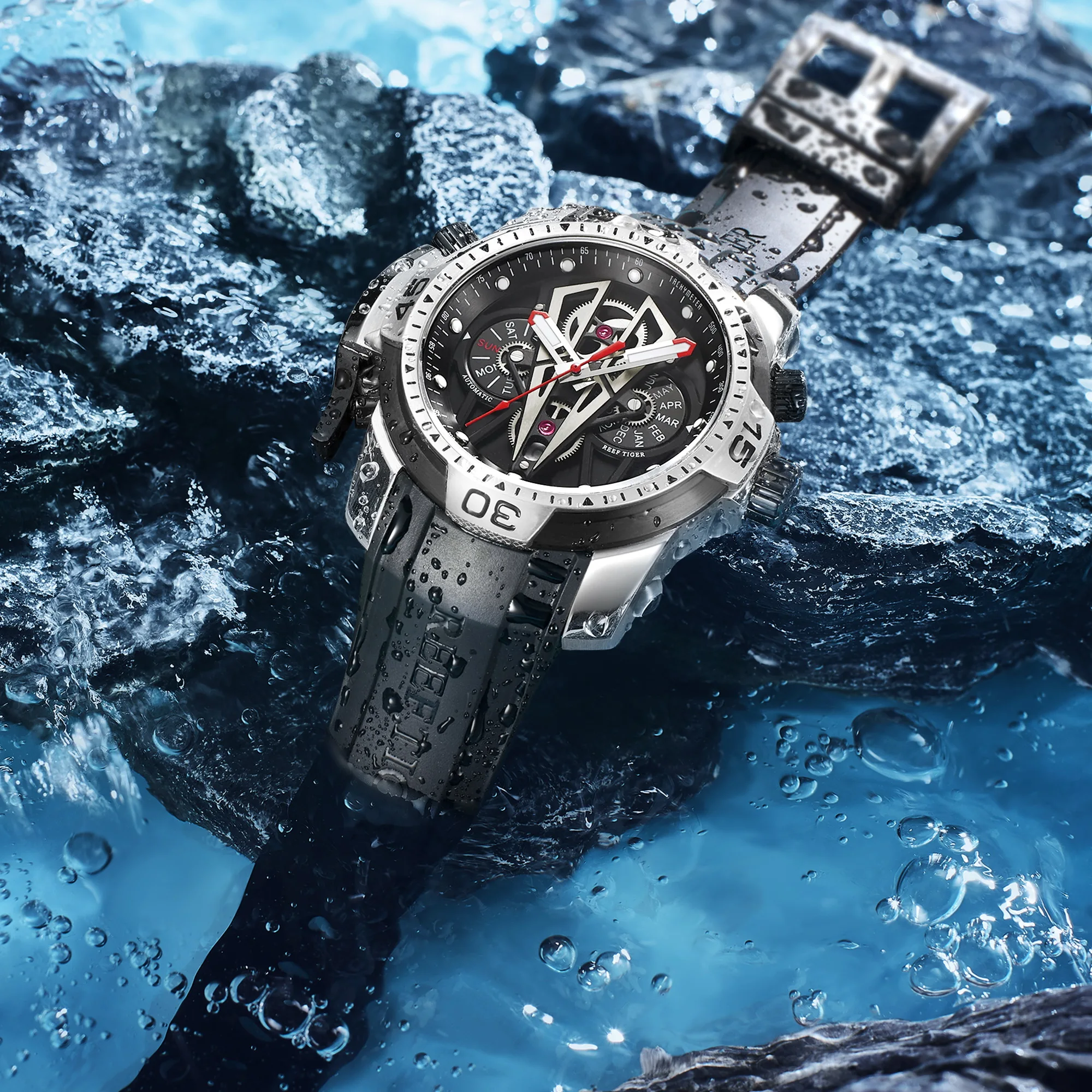 Reef Tiger Men Automatic Watch 45.5mm Military Mechanical Wristwatch 10ATM Waterproof Sapphire Multi-Dial Month Week Date