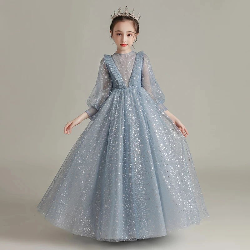 

Flower Girl Dresses for Weddings O Neck Full Sleeves Kids Party Communion Gown Sequined Princess Dress