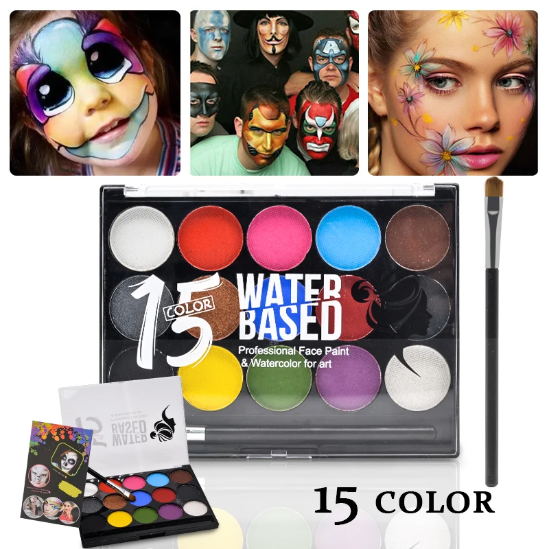 15-color Face Body Painting Oil Safe Kids Flash Tattoo Painting Art Halloween Party Makeup Dress Beauty Palette with brush kit