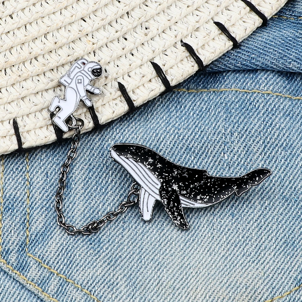 Whale Astronaut Chain Brooch Cartoon Animals Sea Fish Outer Space Lapel Enamel Pin Denim Jackets Button Badge Creative Jewelry