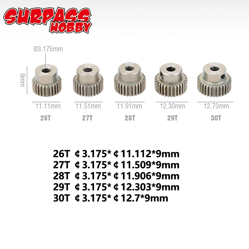 5PCS 32DP 48DP 64DP M0.6 3.175mm Metalen Aluminium Rondsel Motor Gear Set 12 T-50 T voor 1/10 RC Auto Vrachtwagen Buggy Auto
