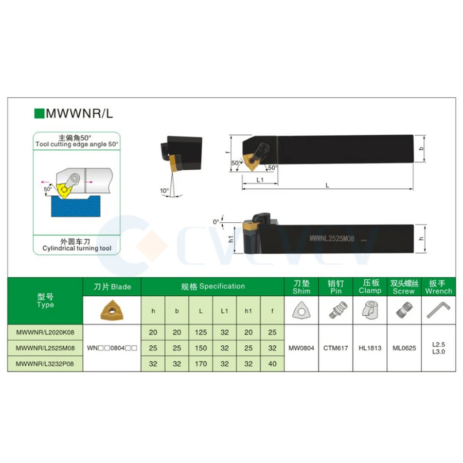 1 pz mmwwnr2525 tornio CNC esterno portautensili + 10 pz a forma di pesca WNMG inserto da taglio in metallo duro ad alta resistenza