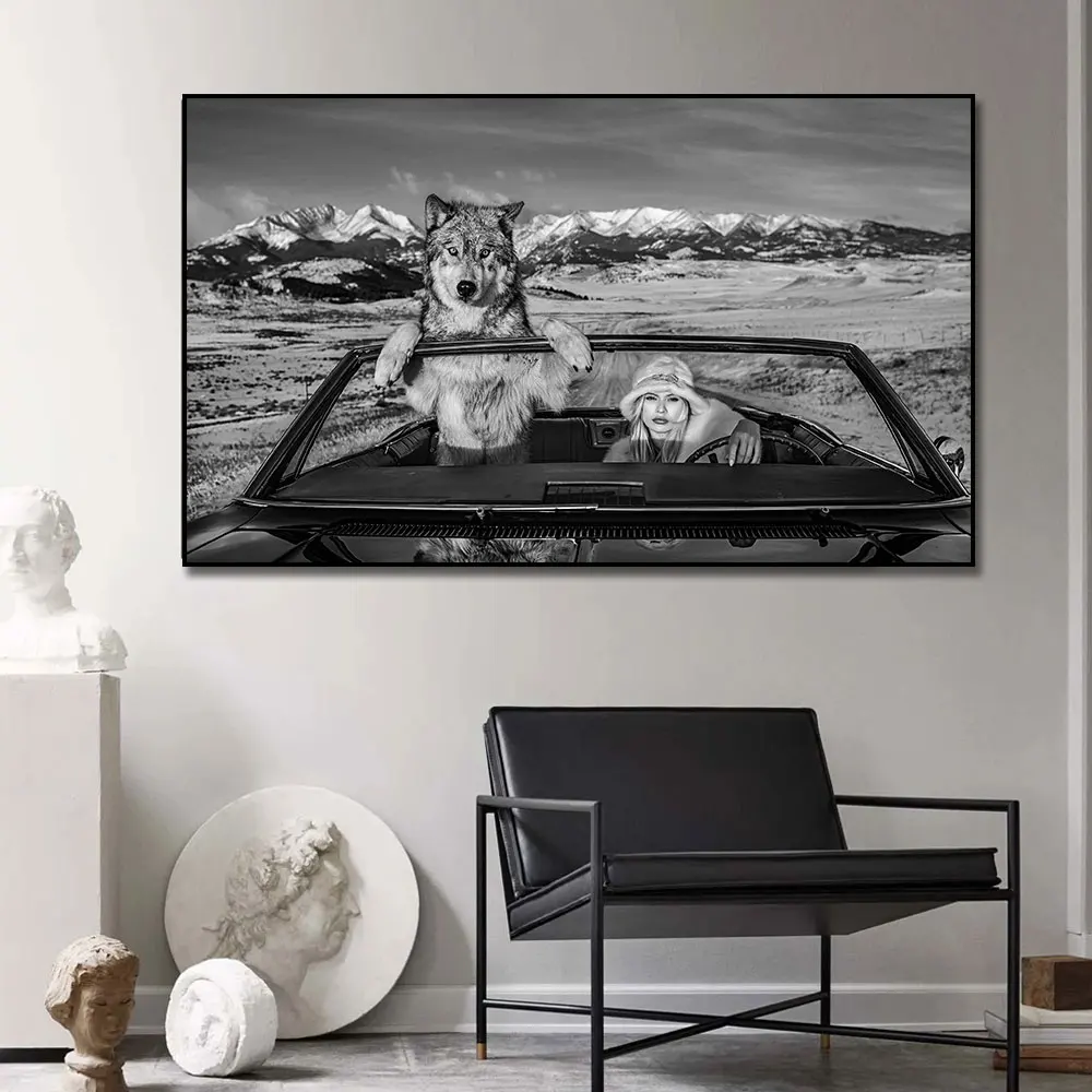 Pôsteres de arte de parede de animais de lobos selvagens, branco, preto, impressão em tela, menina, dirigindo carro, pinturas em tela, imagens para decoração de casa