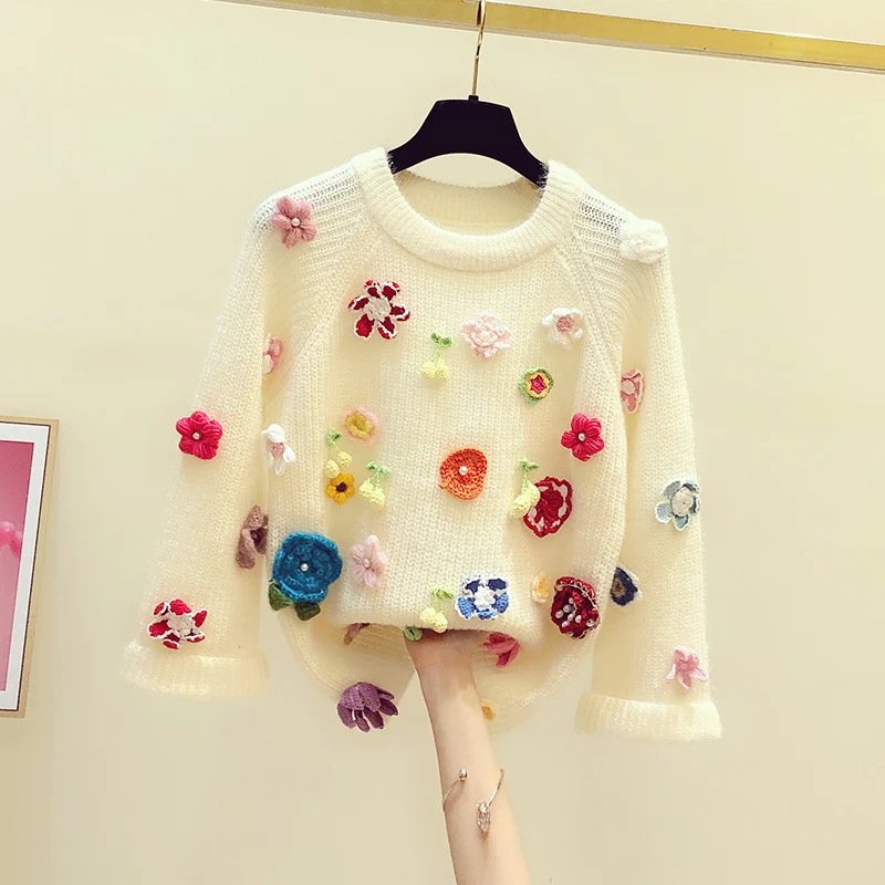 Autumn Winter Christmas Sweater Hand Nailed Beads Embroidered Flower long sleeve Female Pull Femme Fashion O neck Knitted Jumper