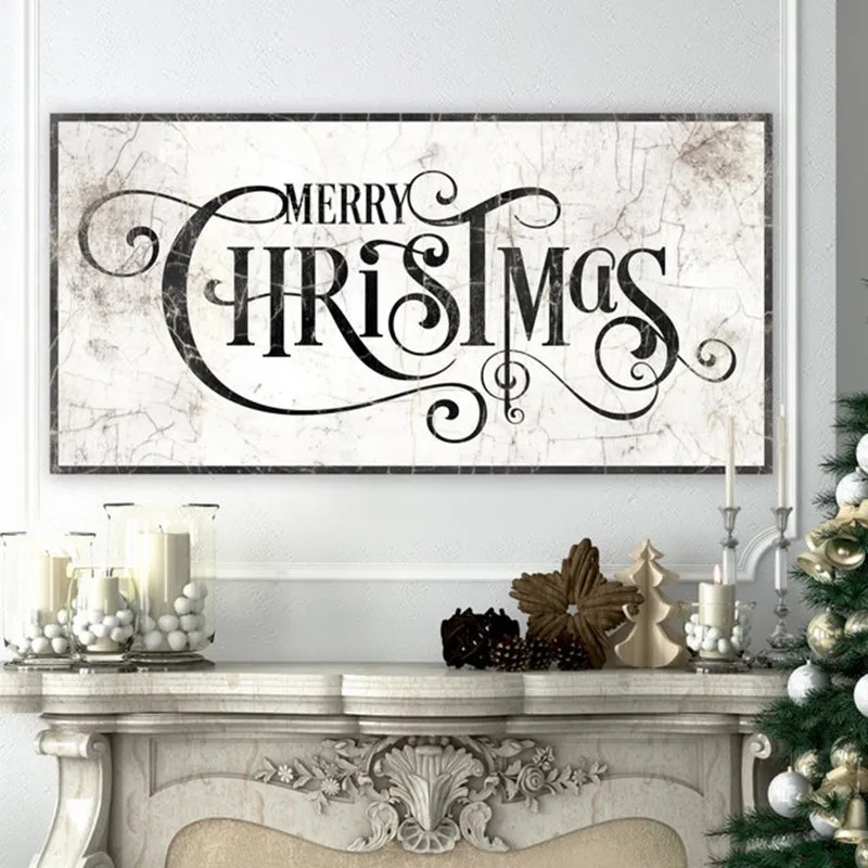 

Merry Christmas Sign Canvas Painting Wall Art Vintage Black & White Posters And Prints For Living Room Cottage Home Rustic Decor