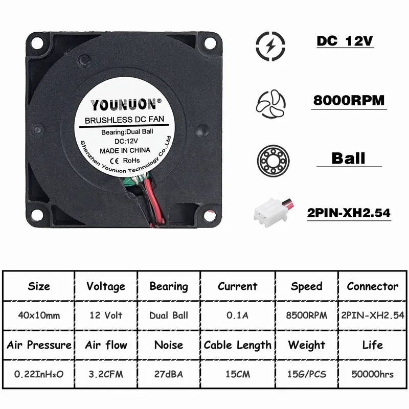 70PCS YOUNUON  3D Printer Fan 40mm 4010 Turbo Blower 12V Ball Bearing Cooling Fan 40mm x 40mm x 10mm for 3D Printer Part