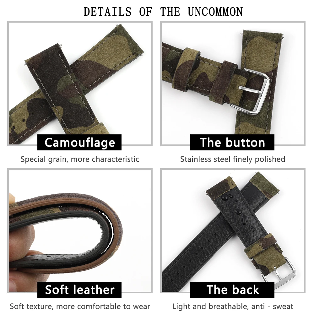 Suede Leather Watch Strap Camouflage Sport Watch Band 18mm 20mm 22mm 24mm for Replace Bracelet Accessories