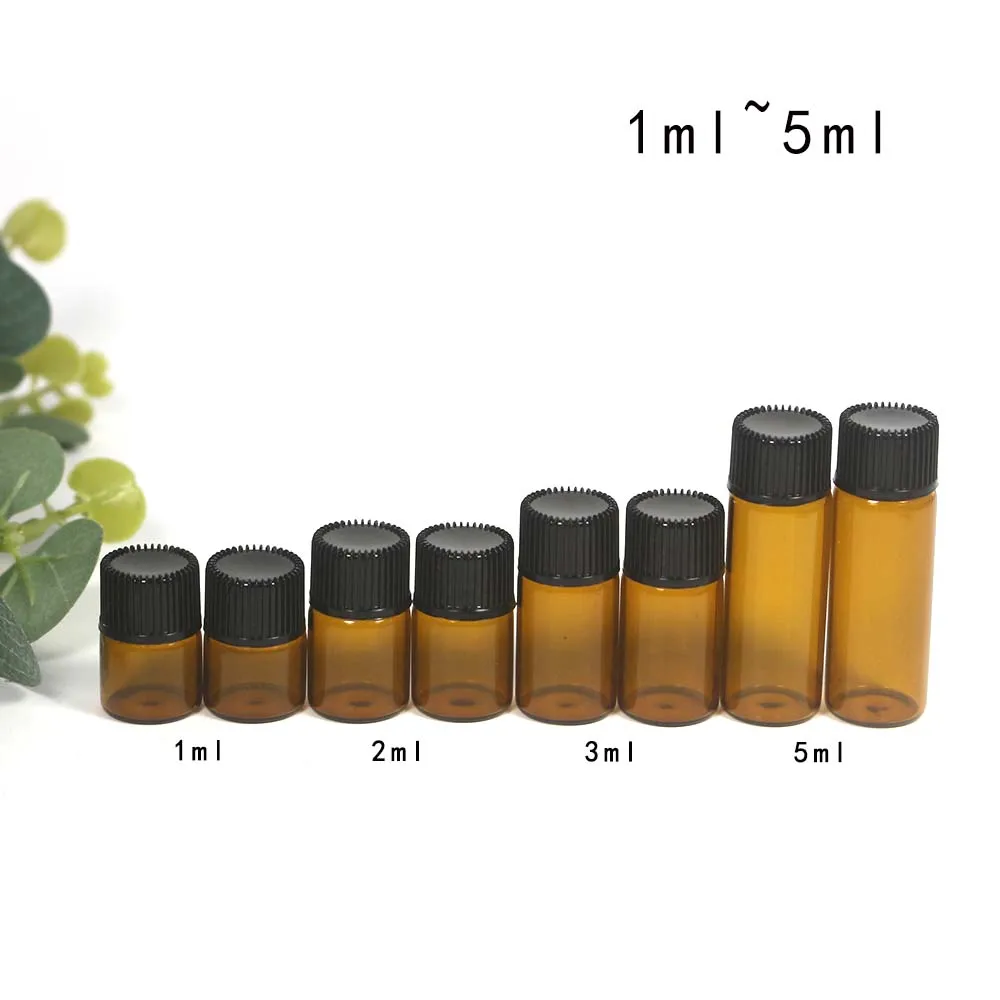 50pcs portable  Mini glass bottle brown empty cosmetics packaging with black lid for travel1ml,2ml,3ml,5ml