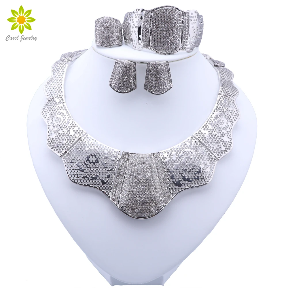 Fashion Silver Plated Wedding Jewelry Sets  Crystal Choker Necklace Earrings Bracelet Ring Set Bridal Jewelry Set For Women