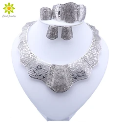 Fashion Silver Plated Wedding Jewelry Sets Crystal Choker Necklace Earrings Bracelet Ring Set Bridal Jewelry Set For Women