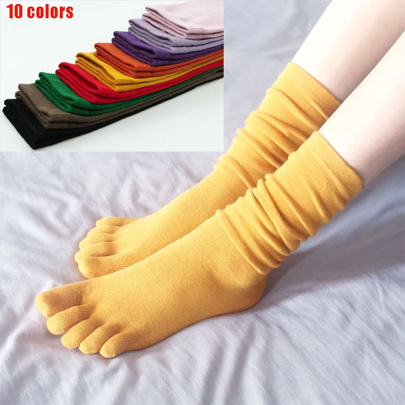 Calcetines largos lisos de 5 dedos para mujeres y niñas, calcetines informales de negocios suaves y transpirables de algodón peinado a media pantorrilla con dedos de los pies, 10 colores EUR40