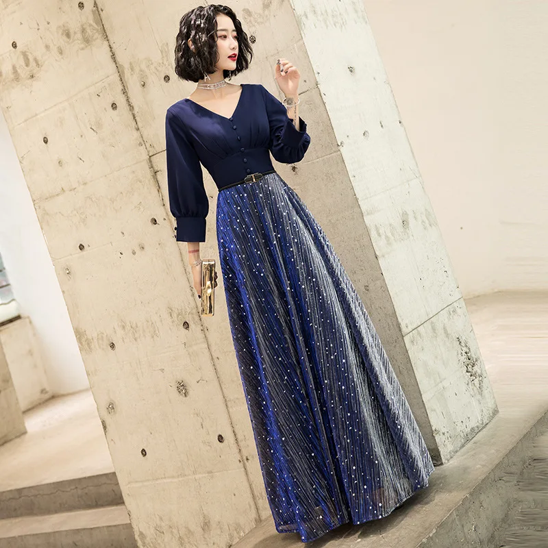 Avondjurk Voor Vrouwen Elegante V-hals Pailletten Slim Lange Party Jurken Plus Size Vrouwelijke Donkerblauw Prom vestidos