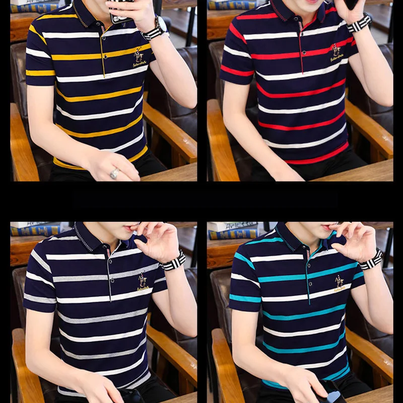 Men\'s short-sleeved t-shirt pure cotton casual lapel striped polo shirt summer new style Paul t-shirt top clothes men\'s clothing