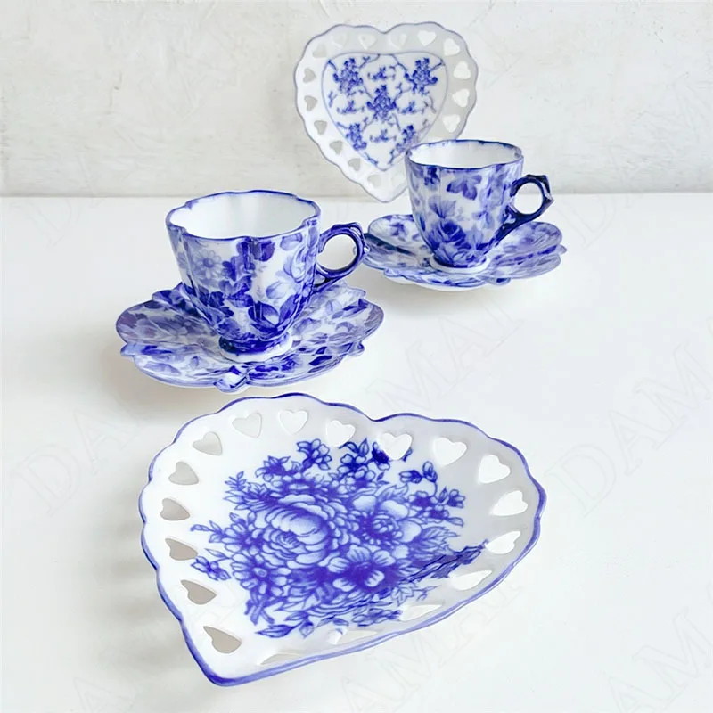 Hollow Out Ceramics Plate Blue and White Porcelain Cake Dessert Dish European Underglaze Color Afternoon Tea Cup and Saucer Set