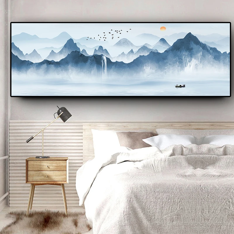 

Abstract Mountain Boat Lake Panorama Landscape Canvas Painting Scandinavian Posters and Prints Wall Art Picture for Living Room