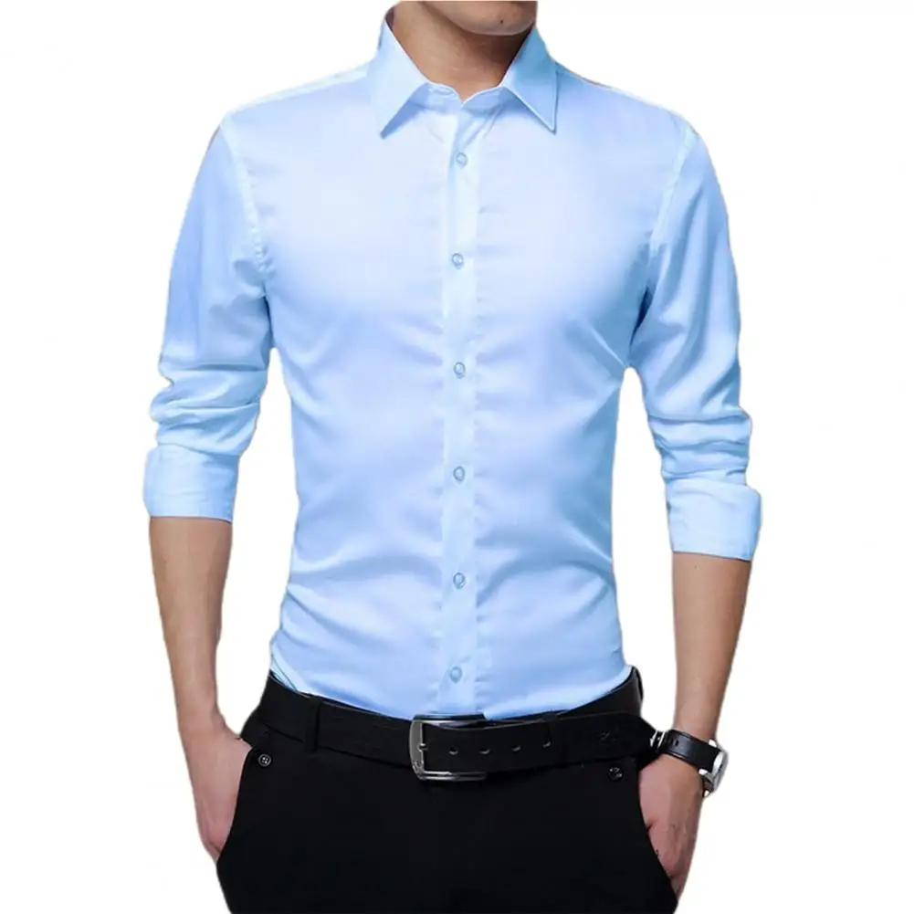 Camisa de vestir Formal para hombre, Camisa ajustada de un solo pecho, cuello vuelto, Color sólido, negocios, otoño