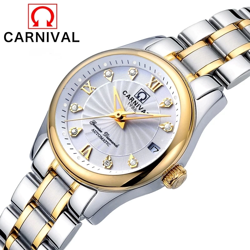 Carnival-Reloj mecánico de lujo para Mujer, cronógrafo de pulsera automático luminoso de zafiro, resistente al agua, 8830