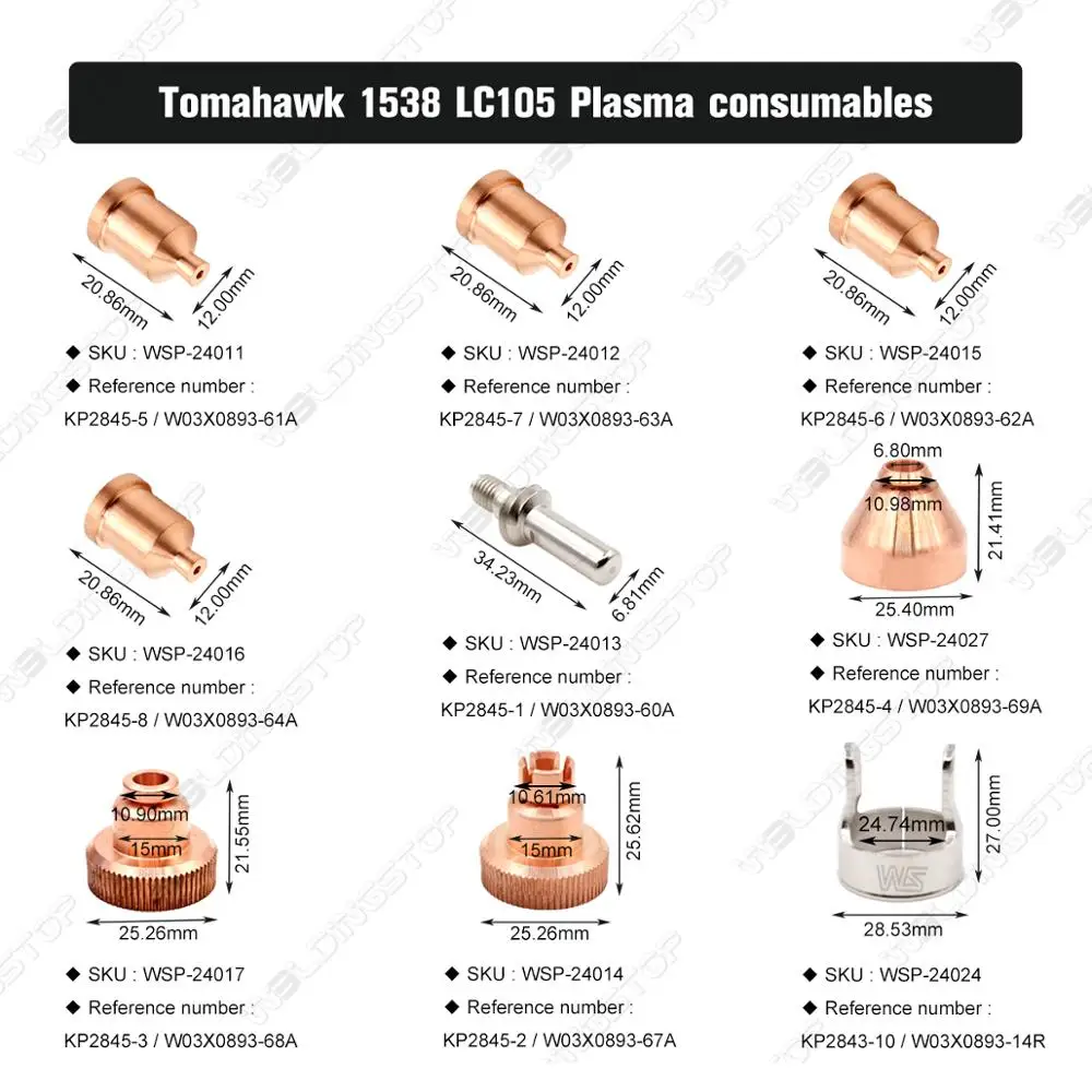 KP2845-8 فوهة 100A W03X0893-64A تلميح 0.066 ''1.7 مللي متر ل توماهوك 1538 القاطع LC105 البلازما الشعلة QTY-5 WS Aftermaket