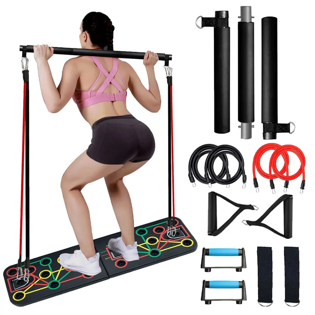 Foldable 160lbs Rubber Bands Deep Squat Bar ABS Push Up Stands Board Frames Rack Chest Arm