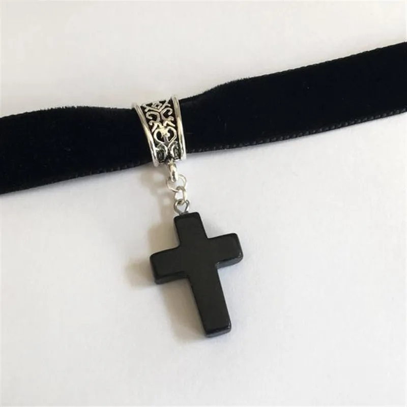 Black Velvet Choker with Cross Natural stone Crystal Gothic Grunge Jewellery Fashion Jesus pendant 2020 new women gift