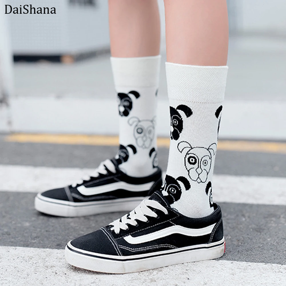 Daihana chaussettes Harajuku pour femmes, chaussettes en coton peigné avec motif de chat et chien, chaussettes unisexes à la mode décontractées à la cheville pour filles, Meias