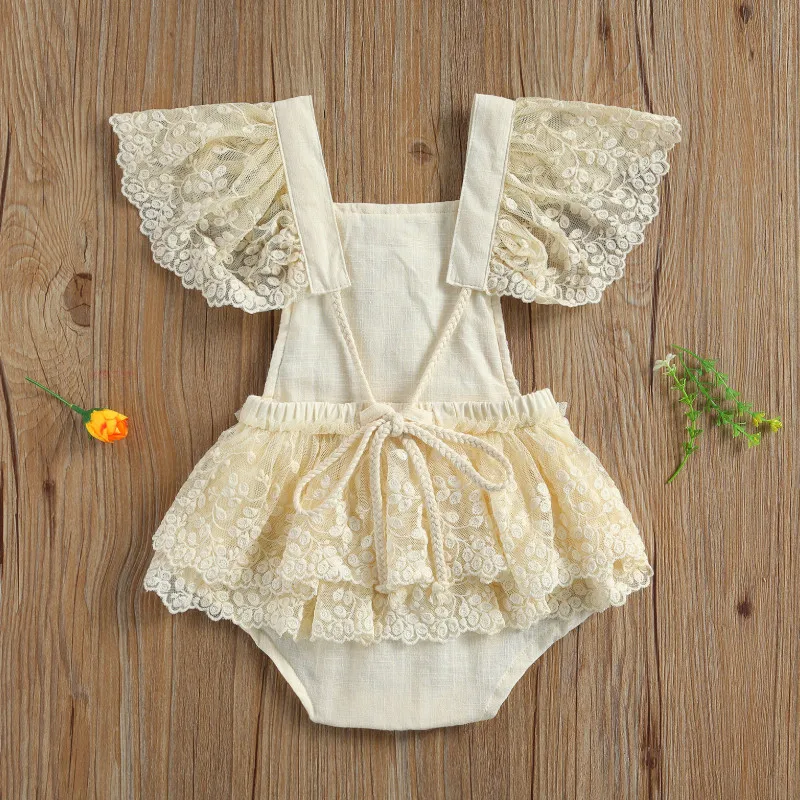 Newborn Baby Girl Crochet Flower Lace Bodysuit Summer Clothes 2023 Loose Fly Sleeve Backless Square Collar Tie-up Jumpsuit