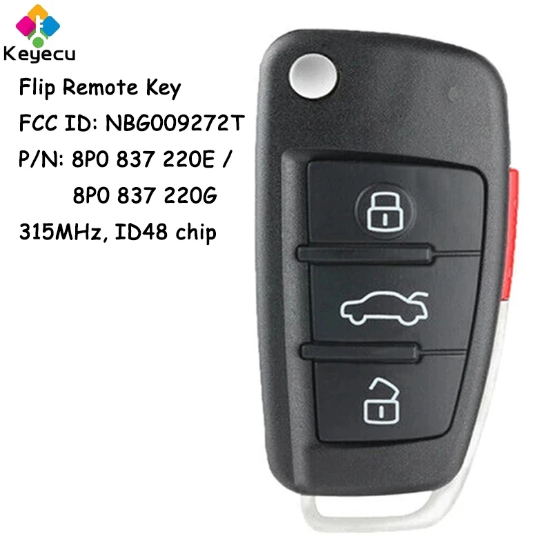 

KEYECU Flip Remote Car Key With 3+1 4 Buttons 315MHz ID48 Chip for Audi A3 TT 2007 2008 2009 2010 Fob NBG009272T 8P0 837 220E/ G