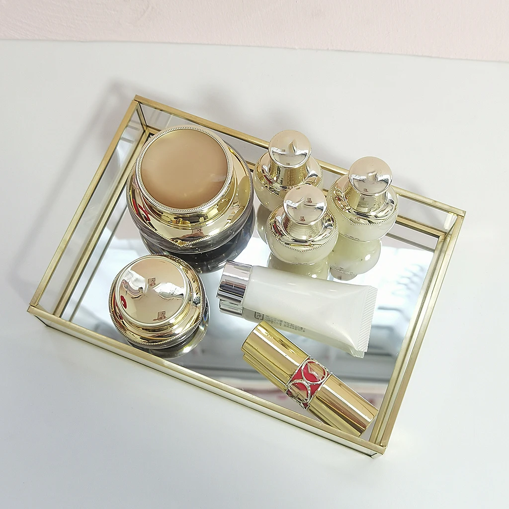 Retro Glass Mirror Decorative Storage Tray for Makeup Display Bracelet Table Glass Tray Gold Jewelry Cosmetic Organizer Tray