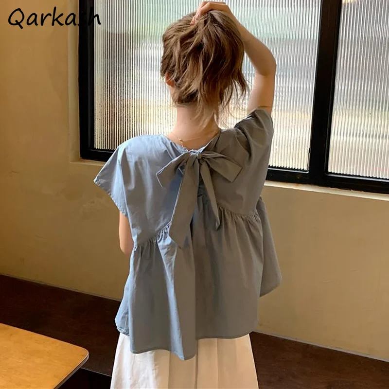 Blouses Women Loose Friend Ins Solid Summer Casual Aesthetic Back-bandage Design Stylish Soft Blusas Streetwear Preppy Korean